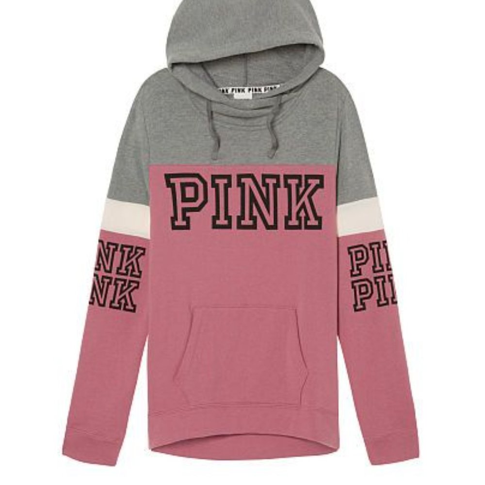 PINK Victoria's Secret Begonia Gray Gray Colorblock Cross Neck Pullover Hoodie